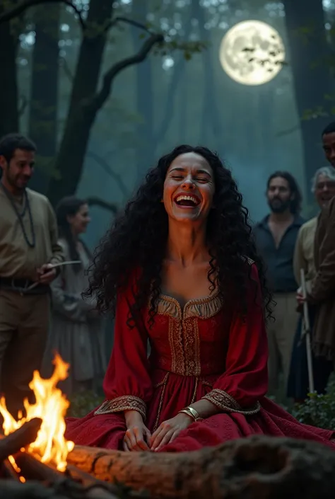 realistic image, of a white woman, long curly black hair,  laughing, Dressing,red dress from the colonial era, tied to a log, at your feet burning woods, environment a dark forest, On a full moon night, surrounded by people, parents and settlers