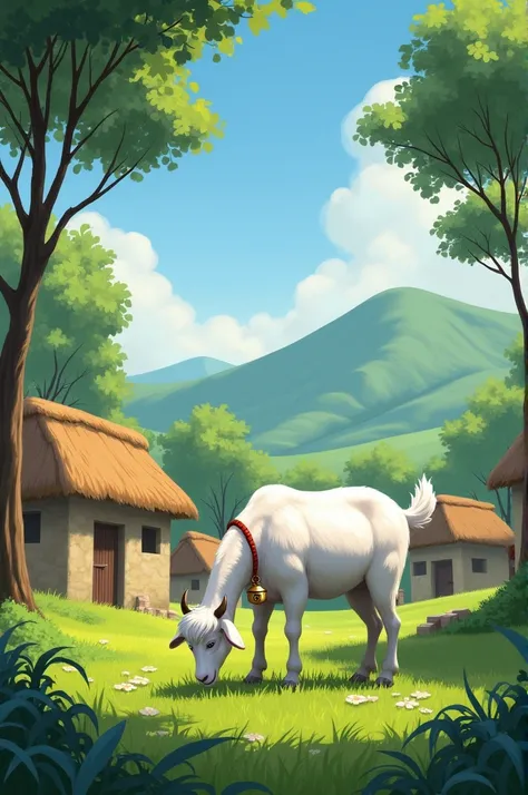 "A peaceful, green village at the foot of a small hill. In the foreground, a smart-looking goat named Meena, with white fur and a small bell around her neck, grazes on lush green grass. The village has simple huts with thatched roofs, a clear blue sky abov...