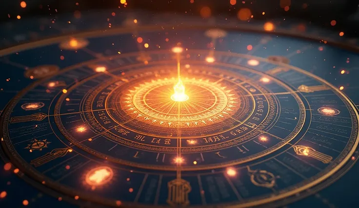 A close-up of a glowing astrological chart with moving celestial bodies. The chart is detailed and vibrant, with cosmic elements adding a dynamic touch to the scene. The atmosphere should be one of intrigue and cosmic wonder. --ar 16:9