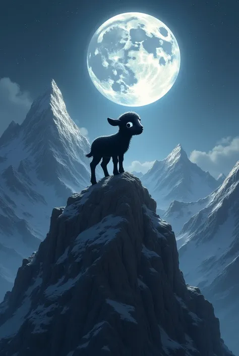 Little black lamb on top of a mountain under the moon