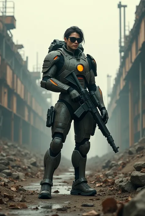 Create a post-apocalyptic scene recreating the pure Sniper game in dry docks, At the center of the scene, a sniper in an Iron Man-style construction suit, uncovered faces glasses in hair, Marvel-style tool belt and plasma assault rifle