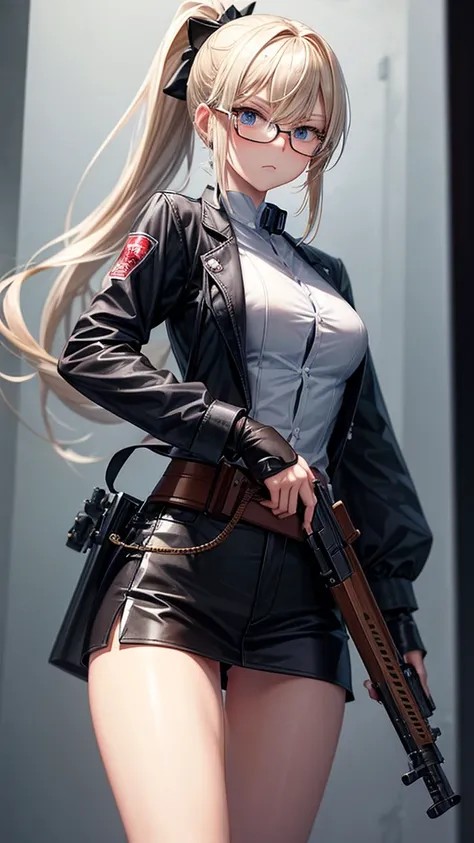 Slender blonde girl with a ponytail、Please draw a person wearing rectangular under-rim glasses.。She holds a gun with both hands at the shooting range.、The robot is posing as if it is aiming at us.。Hold the grip with your right hand and put your finger on t...