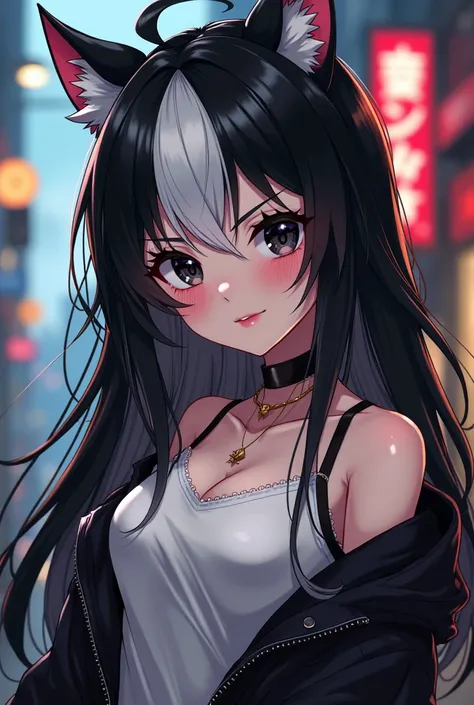 An anime character with black eyes and a striking gaze, a mischievous smile and flushed cheeks. Black and platinum colored hair (white), long hair. Character based on Tokyo Revengers, in the same style and light skin.