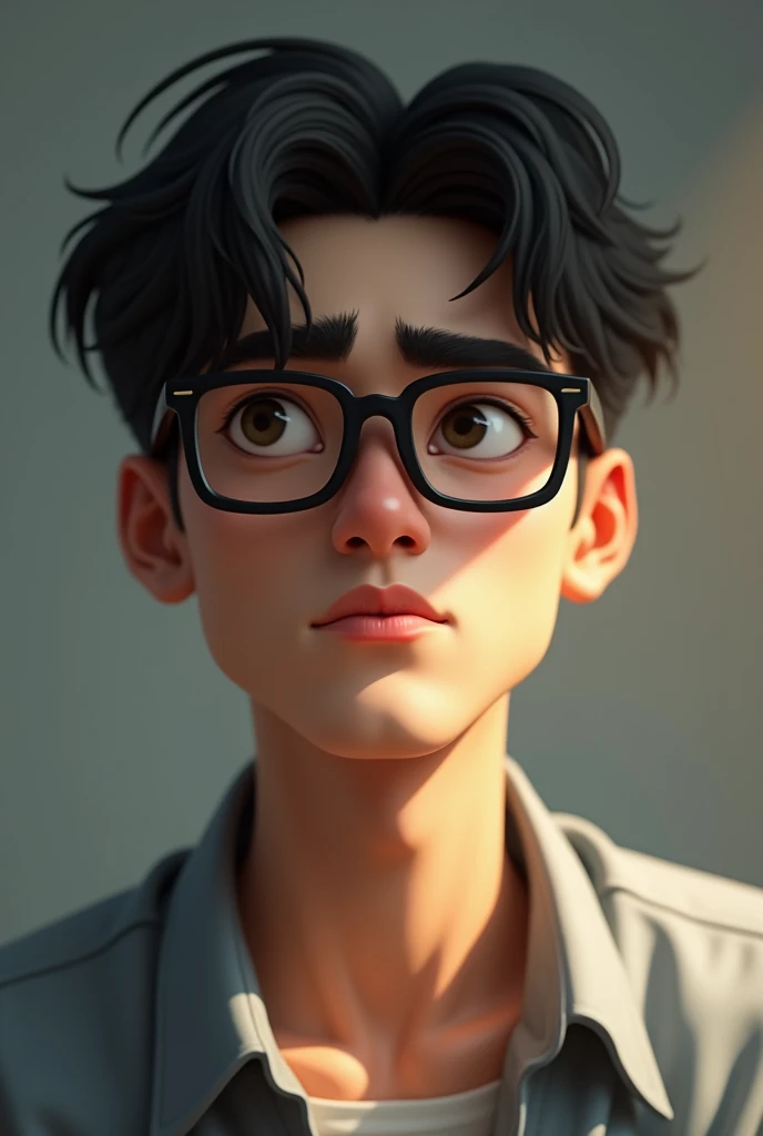 A young man wearing glasses with a distracted look realistic image 