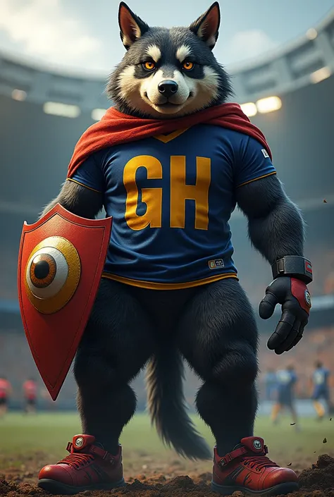 Make an original sports mascot without a country that says on its shirt GH, and the shield on his shirt (household) have an artificial eye named big brother
