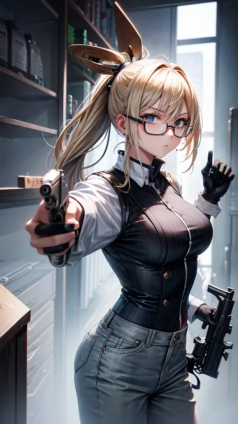 Slender blonde girl with a ponytail、Please draw a person wearing rectangular under-rim glasses.。She holds a gun with both hands at the shooting range.、The figure is posing as if it is aiming at something in front of it.。Hold the grip with your right hand a...