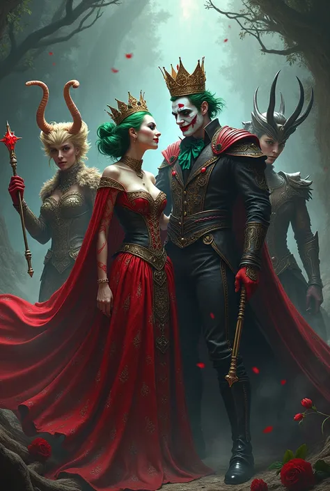 queen of hearts (woman)
Joker (man)
POISONOUS HERA (without horns)
Loki  (man)
All in the picture 