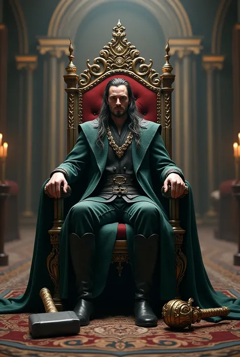 The picture of  Loki 
loki is Lame to the throne of the king
In one side of his throne thor hammer is on the ground and another side odin crown is on the ground 