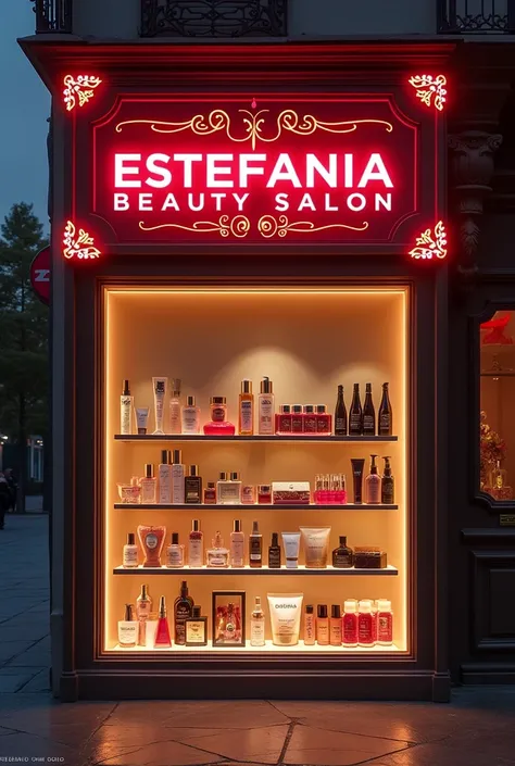 Sign that says Estefania Tagua beauty salon with beauty products
