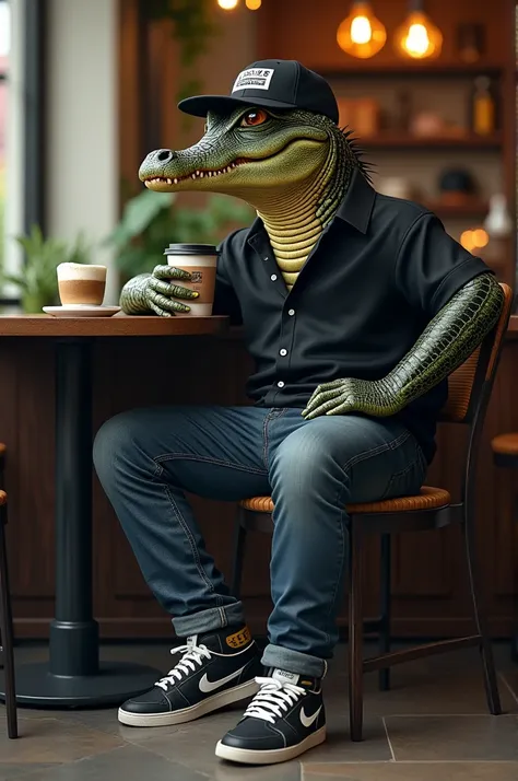 A handsome crocodile , black shirt, jeans levis, nike shoe, backside snapcap, sit relaks at cafe, taking a realistic photo, holding a cup coffee