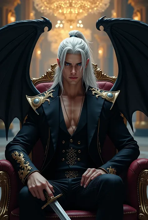 Create a handsome prince of hell, that has long white hair in a high ponytail with loose strands. May he have blue eyes and a proud smile. She has on an elegant black outfit with shoulder pads falling in the shape of leaves on her arms., that has a black s...