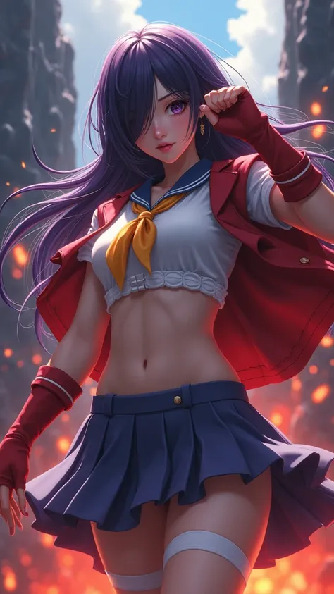 kanu,dark purple hair, hair over one eye, very long hair,school uniform,ultra miniskirt,red fingerless gloves, midriff,navel, loose socks, pleated skirt, yellow neckerchief, earrings, loafers,large breasts,perfect hands, perfect finger,perfect anatomy, mas...