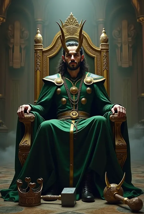 The picture of  Loki 
loki is Lame to the throne of the king
In one side of his throne thor hammer is on the ground and another side odin crown is on the ground 
loki have his own crown on his head 