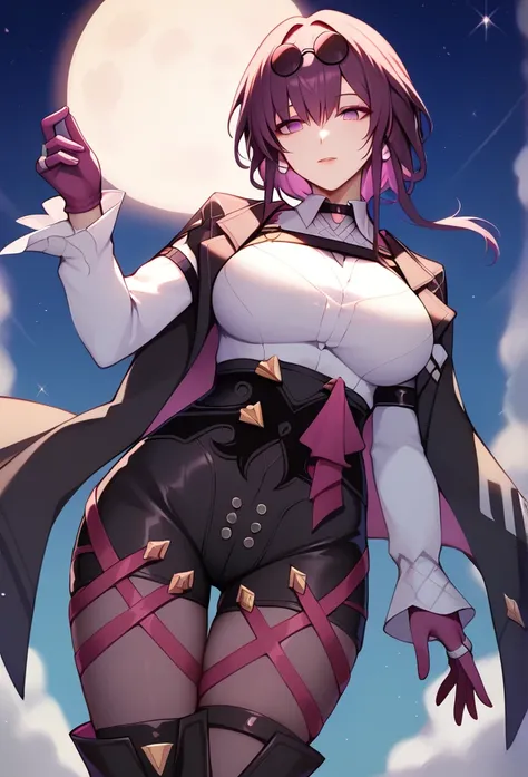 One Girl,Kafka, Purple eyes, Purple Hair, bangs, Side Lock, Please put the glasses on your head, earring, White shirt, Collared shirt, Long sleeve, Black jacket, Jacket on shoulders, Harness, Large Breasts, Purple Gloves, Black shorts, High Waist Shorts, P...