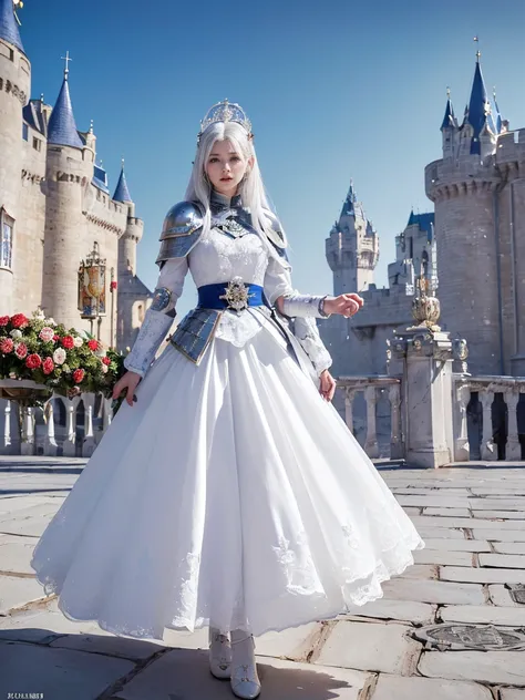 ( Absurdly,high quality , Very detailed,32K,High image quality,Ultra HD)、(((White Hair)))、(((Royal Guard,The Order of the Rose and its coat of arms)))、(((Knight Armor、Hand guard、foot armor)))、(((Pure white skirt)))、(((Perfect limbs)))、(masterpiece, 最high q...