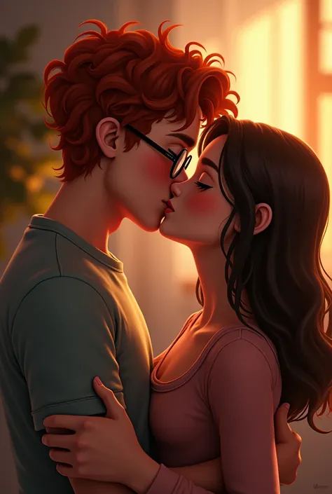 high quality, 8k Ultra HD, 
red-haired boy with curly hair, wearing round glasses, 20 year old small dark brown eyes.  Kissing a girl with brown wavy hair sitting 