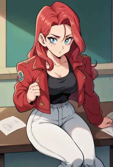 1 , Alone, long hair, red hair,high resolution, masterpiece, Anatomically correct, Necessary, high details, blue eyes,tight blouse , Black tank top,Closed jacket,Sitting at a table, with her hand on her face,Red jacket, , white pants,thick thighs ,Black mo...