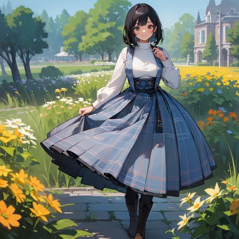 (high quality, High resolution, Very detailed, reality:1.37), Peaceful atmosphere, (Outdoor, garden), Teenage girl standing alone, (My breasts are large.), Beautiful details, Cute Smile, (Black bob hair), Ribbed sweater, Blue plaid skirt, Black tights, Bro...