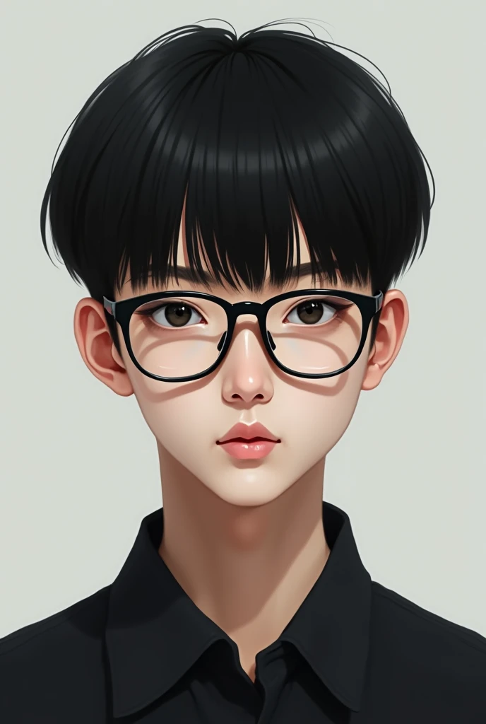 A skinny guy, de 1,70 tall, Light skin, black hair, that I paint black, Dark eyes, hair has a bowl cut, I wear prescription glasses because I have high hyperopia and a slight convergent strabismus., with Asian traits