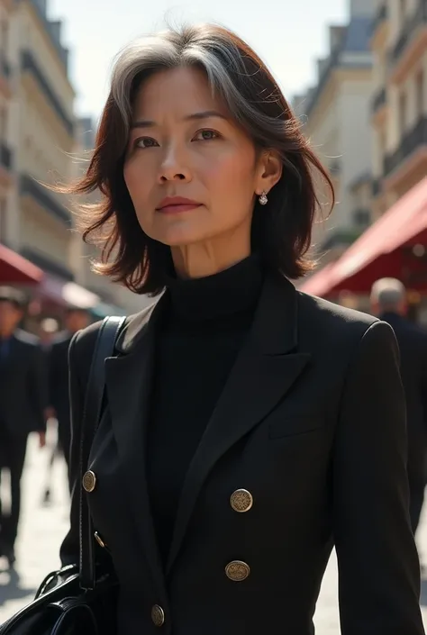 beautiful asian woman with brown but very gray hair in a suit, at 50 years old and,light brown eyes,striking look walking with a black bag on the streets of paris,She doesn&#39;t need to be posing for the photo,just looking somewhere,not so serious,and mak...