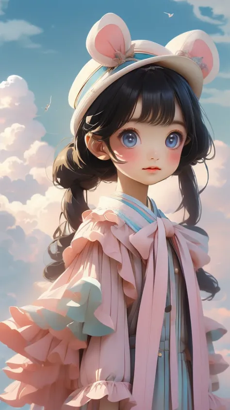 (((Floating in the sky:1.2、one girl、Stand on the clouds)))、Pastel clouds、perfect anatomy、small face、small nose、plump lips、twin tails、rainbow colored hair、Messy clothes、disheveled clothing、unreasonable、Shooting in the sky、(((The background is pastel clouds:...