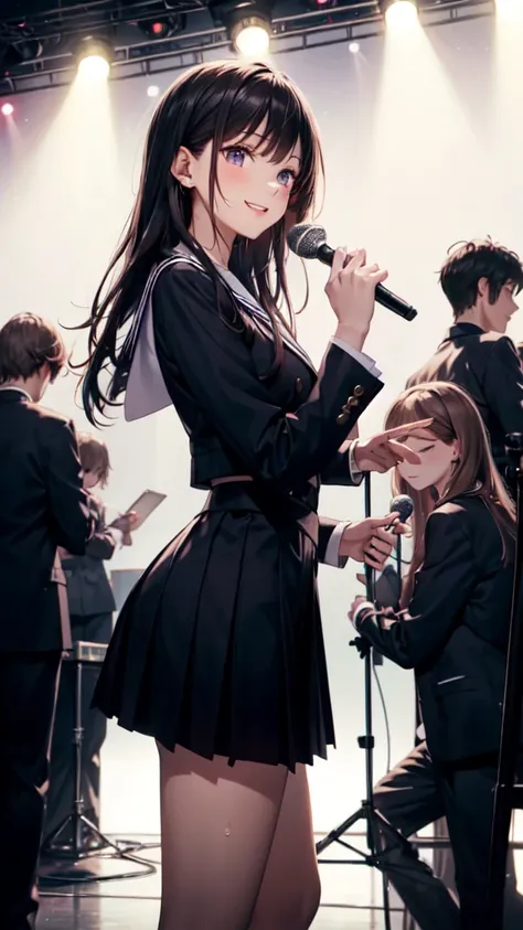 A young woman standing backstage in a bustling theater, surrounded by a crowd of people preparing for a performance. She is wearing a stylish stage outfit with elegant details, holding a microphone and adjusting her earpiece. Behind her, many other perform...