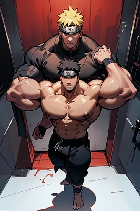 naruto uzumaki and kakashi stand in a locker room being brainwashed by sasuke's sharingan to be big dumb muscle thralls with slu...