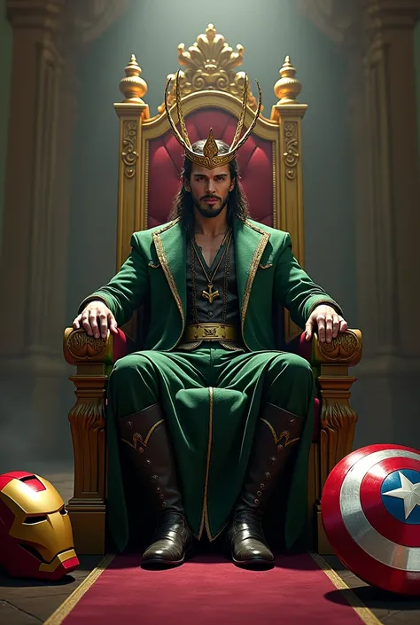 The picture of  Deadpool 
loki is Lame to the throne of the king
In one side of his throne captain America shield is on the ground and another side Iron man armor head is on the ground 
loki have his own crown on his head 