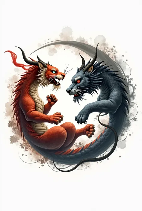 Dragon tiger and yang yang all together as if it were a round logo without a background with more details 