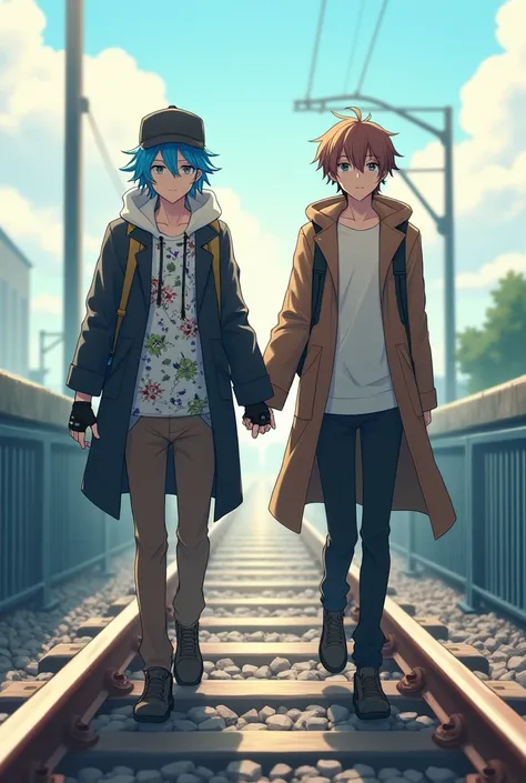 I want two male teenagers. They are holding hands. The teenager on the left has blue hair and is wearing a black cap, coat, and a white flowered shirt. He is wearing fingerless motorcycle gloves, brown pants, and shoes. He is wearing a survival backpack. T...