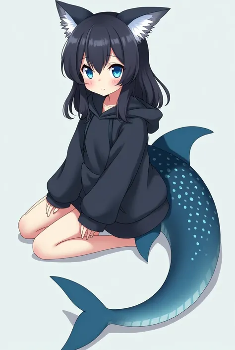 An anime girl who has long legs and a shark tail and wears a baggy black hoodie, she has long black hair and blue eyes. She has small blue scales on her cheeks, and white tips at the ends of her hair. Her hair is also kinda fluffy. Create this in the style...