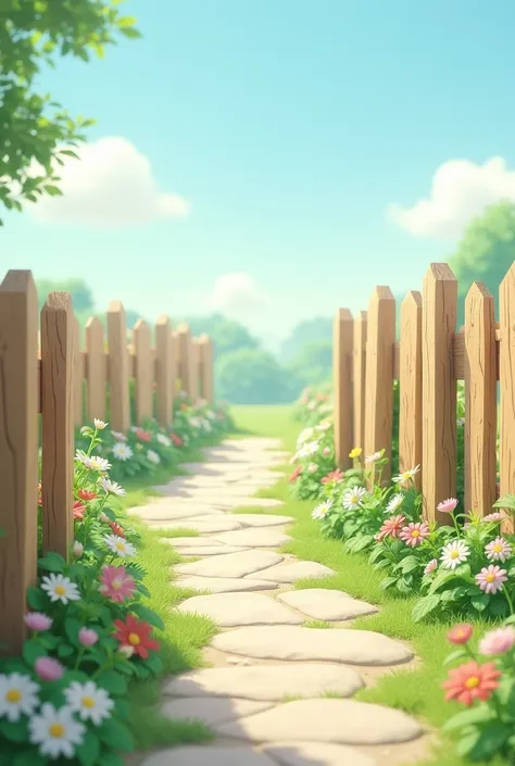 a light brown fence on the sides with small flowers growing underneath it with a path of buttery white stones and a clear blue sky