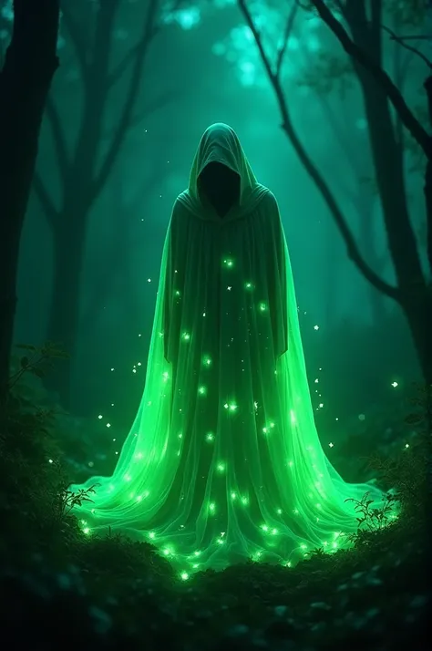 Make me a picture of a green cape lit up like fireflies