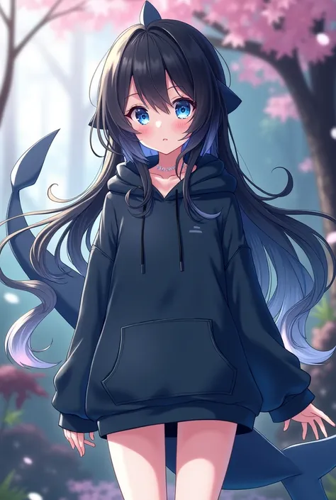 An anime girl who has long legs and a shark tail and wears a baggy black hoodie, she has long black hair and blue eyes. She has small blue scales on her cheeks, and white tips at the ends of her hair. Her hair is also kinda fluffy. Create this in the style...