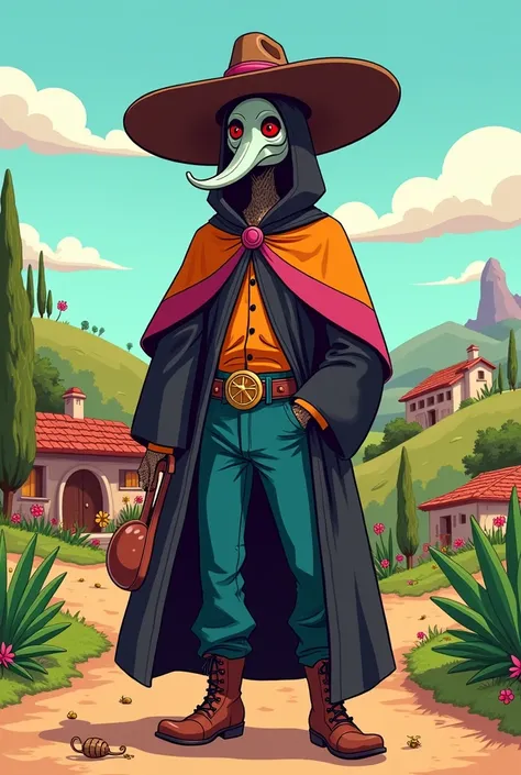 A plague doctor dressed as a gaucho, cartoon style