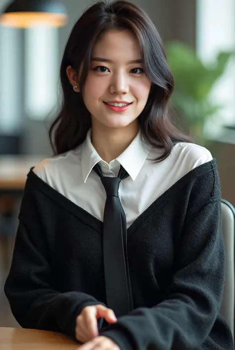 (8k, RAW photo:1.2), (japanese woman:1.5), 30 y.o, detailed face and eyes, high quality, high resolution, very detailed, office room, ((black off shoulder loose collar sweater with white long sleeve buttoned shirt on the inside)), necktie, smile, sitting, ...