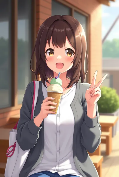 A cheerful Japanese woman sitting outdoors in a casual setting, holding a cup of ice cream in the left hand and making a peace sign with the other. She has medium-length brown hair, wears a white shirt with a gray cardigan, and carries a white bag with red...