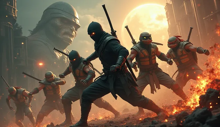  "A vibrant, action-packed scene featuring characters from Ninja Assassin, Mortal Kombat, and Teenage Mutant Ninja Turtles, in a dynamic, overlapping composition, showcasing their different styles and settings, hyper-realistic, photo realism, cinematograph...