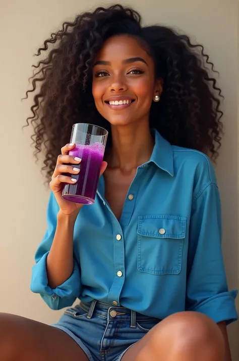 Create a woman drinking grape juice, she has black curly hair and is wearing a blue shirt and denim shorts.