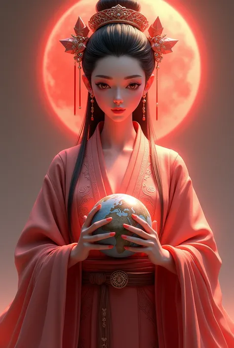 A standing, human-like female figure in a modern, stylized interpretation with the appearance of a mature adult, evoking the mysterious and regal presence of Himiko, the ancient queen of Yamatai. The woman’s face features high cheekbones, almond-shaped eye...