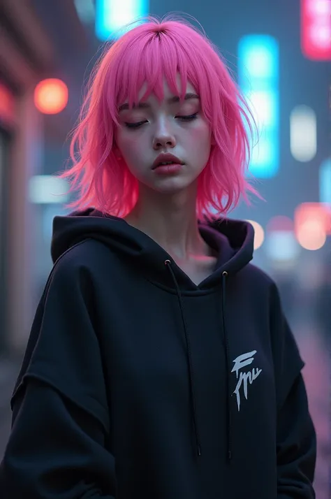 Girl, pink hair, eyes closed, facing at me, black hoodie, half body, cyberpunk