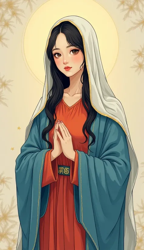 manhua, beautiful virgin Mary , reddish tunic, blue coat, white veil 