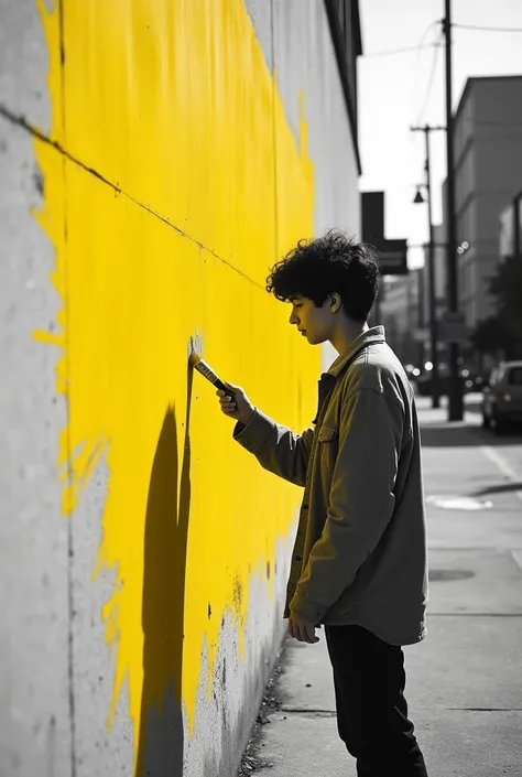 Black and white photo showing a teenager starting to paint a wall yellow