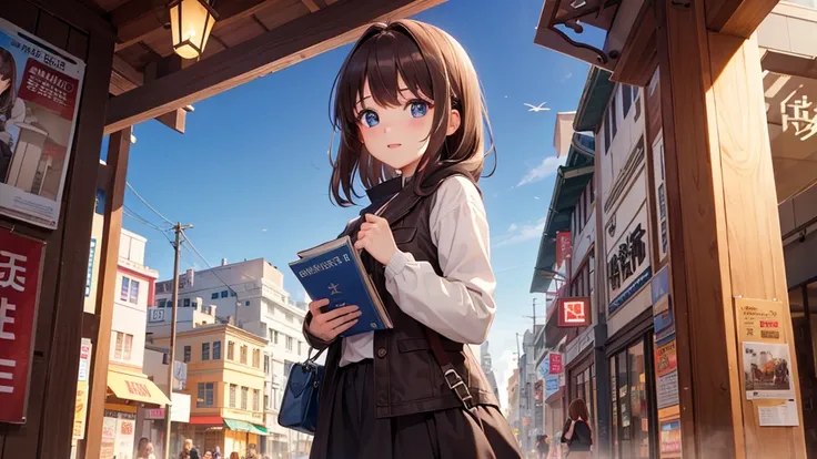 8K HD There is a girl in front of the bookstore、brown hair，blue eyes，beautiful looking