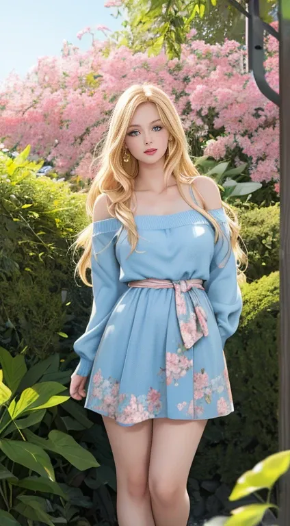 a beautiful woman with long shimmering golden blonde hair,large beautiful blue eyes,detailed plump lips,wearing a short sexy loose revealing blue-sky floral dress with a pink waistband and a white off-the-shoulder sweater,full body standing pose with hands...