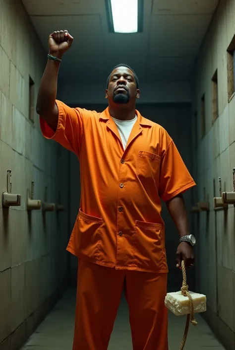 Sean Diddy Combs in jail, orange jumper, holding soap on a rope, with fist in the air, AI style 