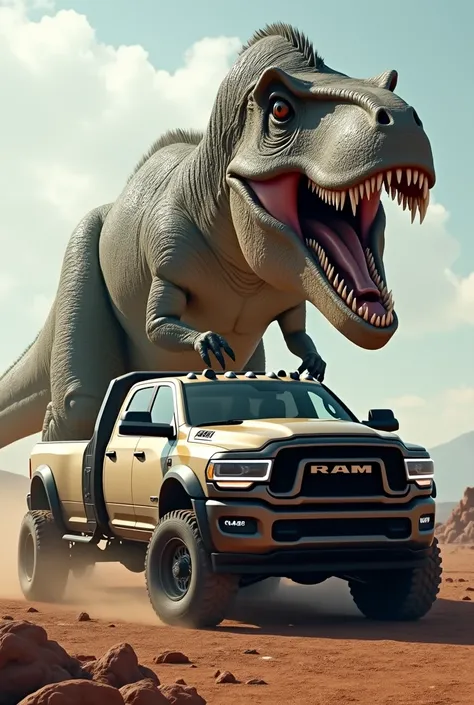 A ram truck towing a dinosaur 