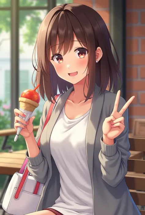 A cheerful Japanese woman sitting outdoors in a casual setting, holding a cup of ice cream in one hand and making a peace sign with the other. She has medium-length brown hair, wears a white shirt with a gray cardigan, and carries a white bag with red and ...