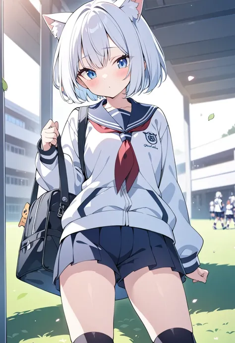 score up_9,score up_8,score up_7,source_anime,rating_safety,masterpiece,best quality,hyper detailed,super fine illustration,8k,BREAK 1 girl,cat ears,white hair,short hair,blue eyes,20yo,standing,BREAK She does the Soran Bushi,BREAK school gym uniform,BREAK...