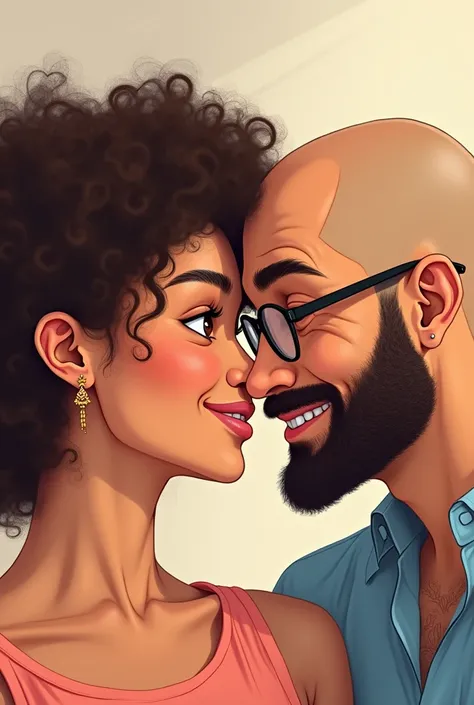 illustration of a white woman with dark brown curly hair, brown eyes, rosy cheeks and full mouth wearing braces and wearing small gold earrings and a bald brown man, black beard, wearing glasses and without braces, no earring